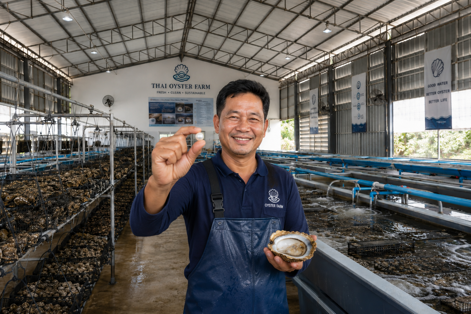 Somchai holding a pearl and an open oyster he farmed indoors